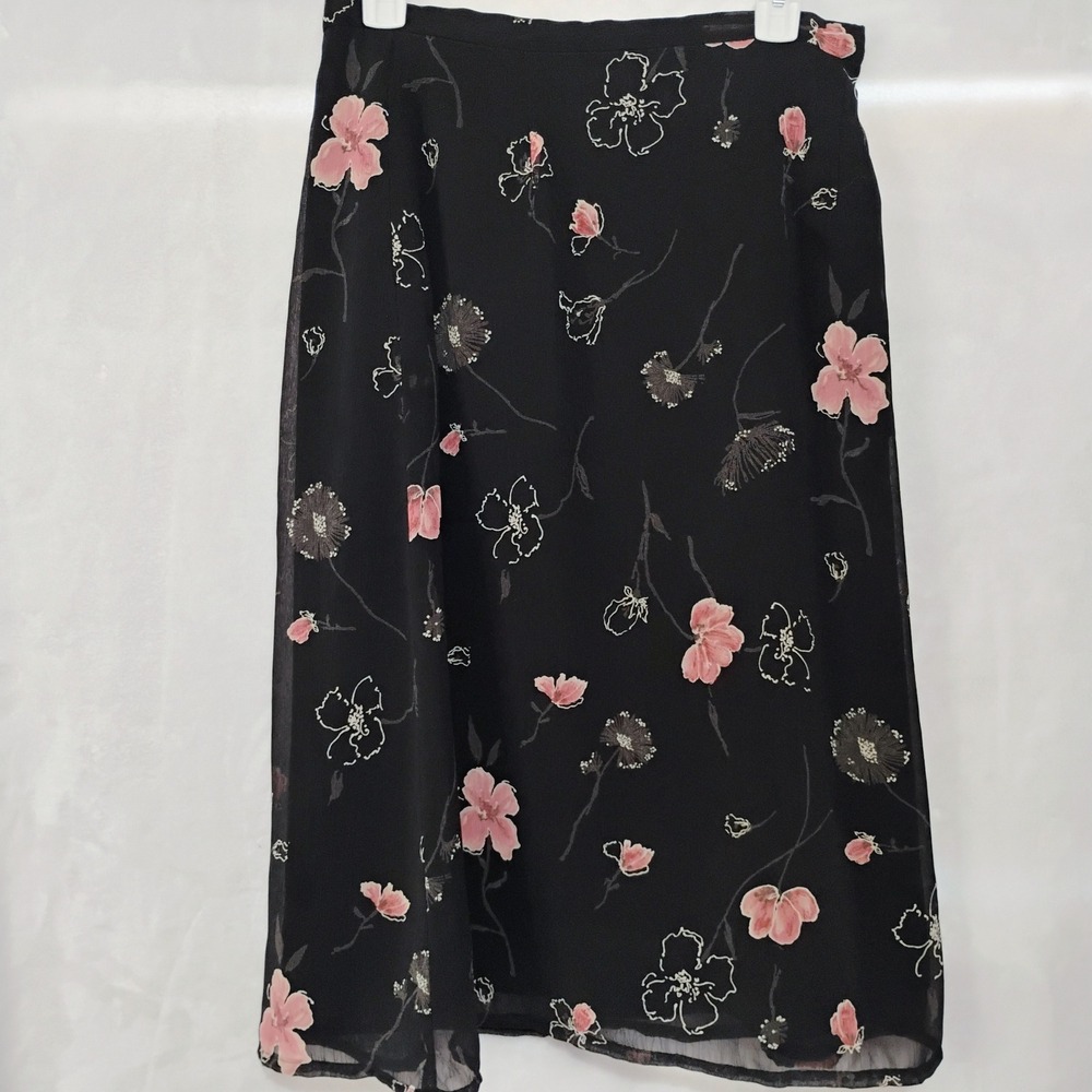Vtg Pendleton Womens 8 Black Pink Floral Chiffon Skirt Whimsigoth 90s Grunge